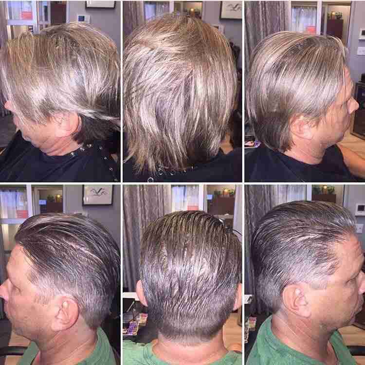 Before-and-after men's haircut and style transformation.