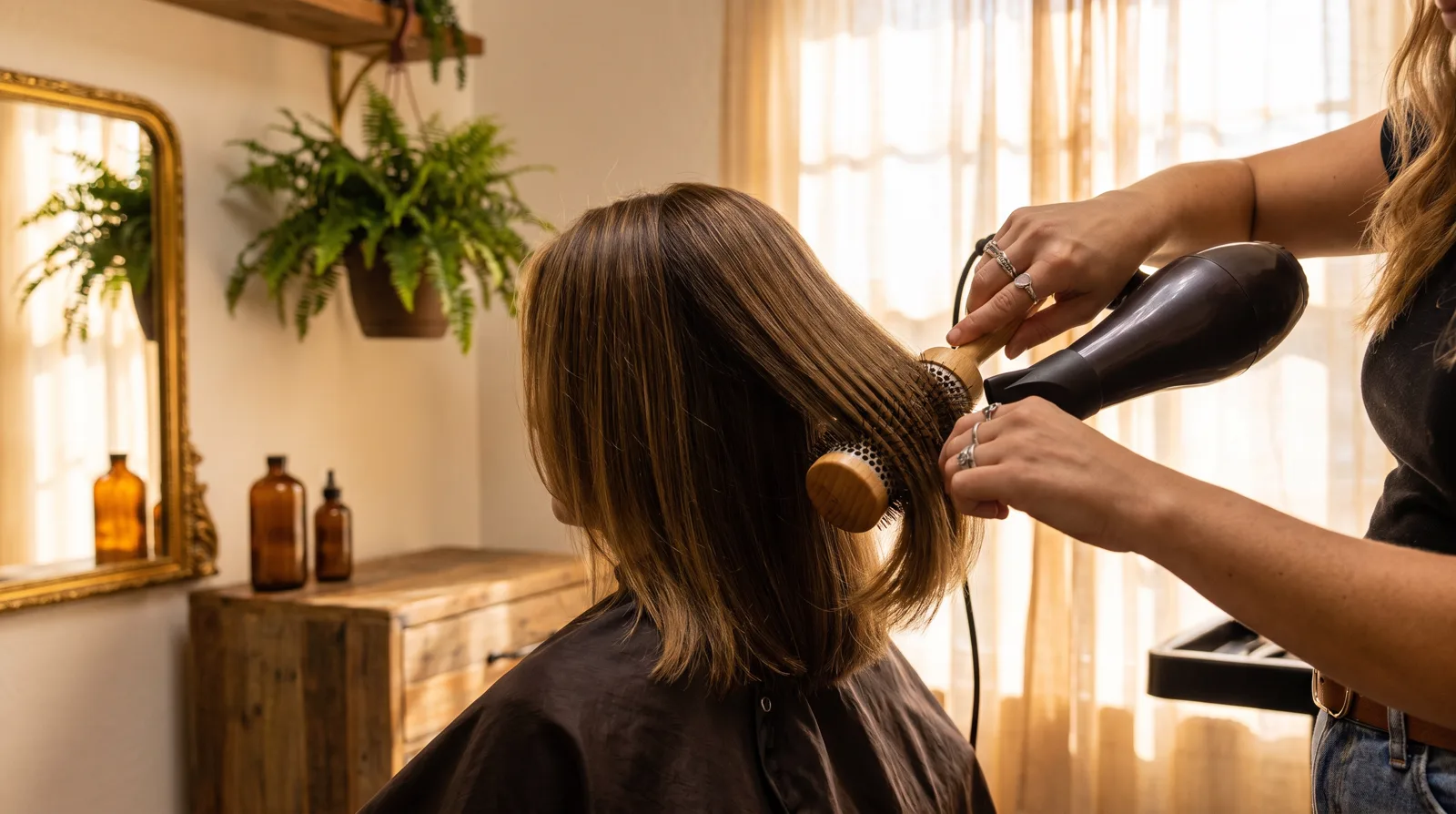 A stylist blow-drying and smoothing a client's hair to a frizz-free finish at Vibe Salon in Palm Harbor