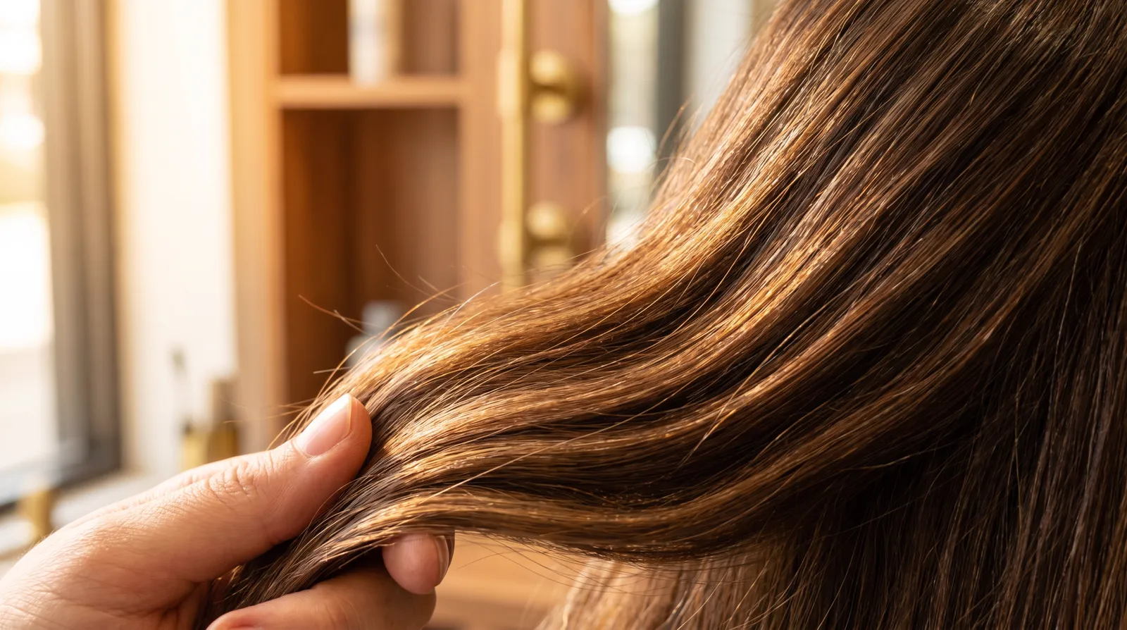 Close-up of glossy, smoothed brunette balayage strands with a sealed reinforced cuticle