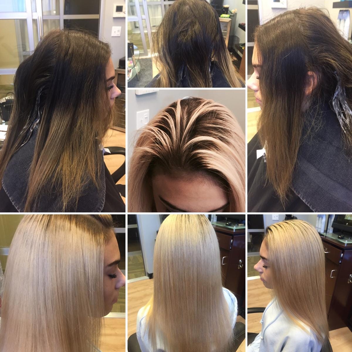 Dimensional blonde styling photographed in the salon.